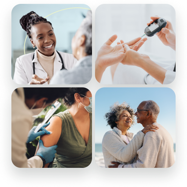 Collage of women smiling with clear skin and doctors treating patient.