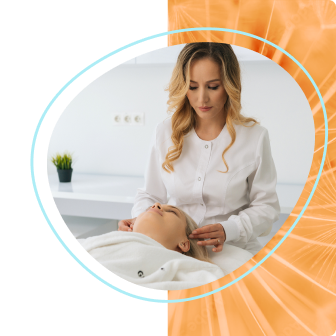 A wellness practitioner in a white coat examines a relaxed patient lying on a table, framed by overlapping teal and orange abstract shapes
